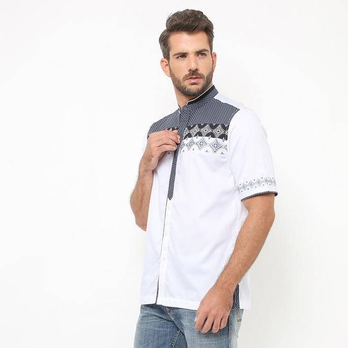 Lgs - Baju Koko - Lengan Pendek - Motif Bordir - Colour Block - Putih