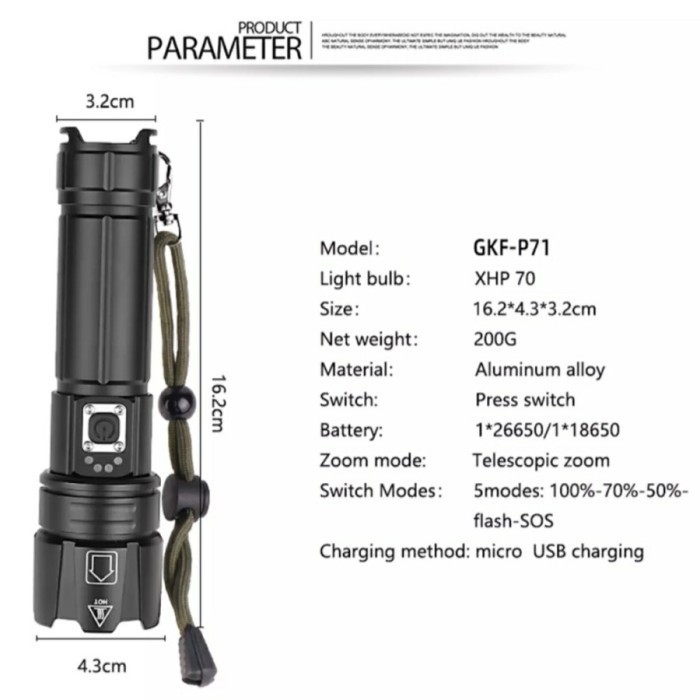 Senter Led Xhp70.2 + Usb Charger Super Terang 4X Police Swat Xhp70