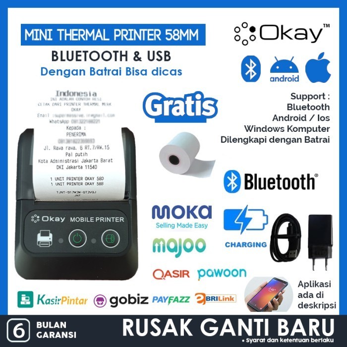 Printer Pos Kasir / Ppob Mini 58Mm Thermal Ok-58B (Usb+Bluetooth)