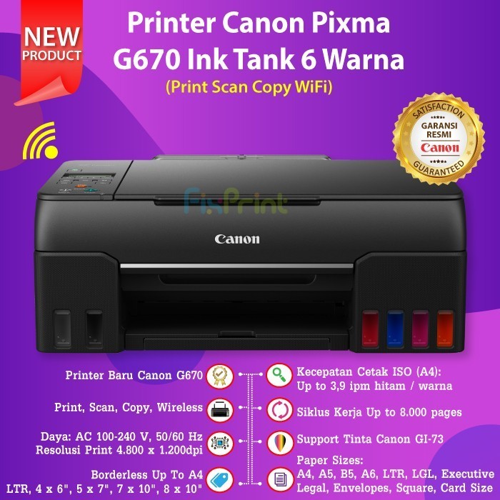 Printer Canon Pixma G670 670 Printer Photo 6 Warna All In One Wifi