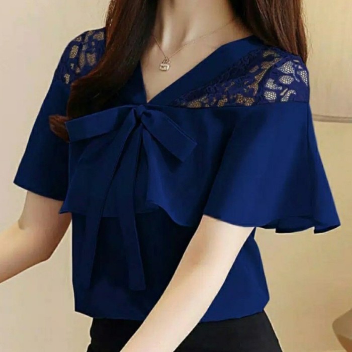 MURAH!! atasan baju blouse wanita blus brukat elegan pita kombinasi pesta Silahkan diorder