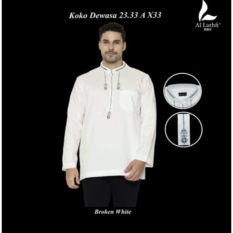 Baju Koko Muslim Pria Putih BW Lengan Panjang Al-Luthfi Kancing Setengah Model Terbaru, Bahan Katun Premium