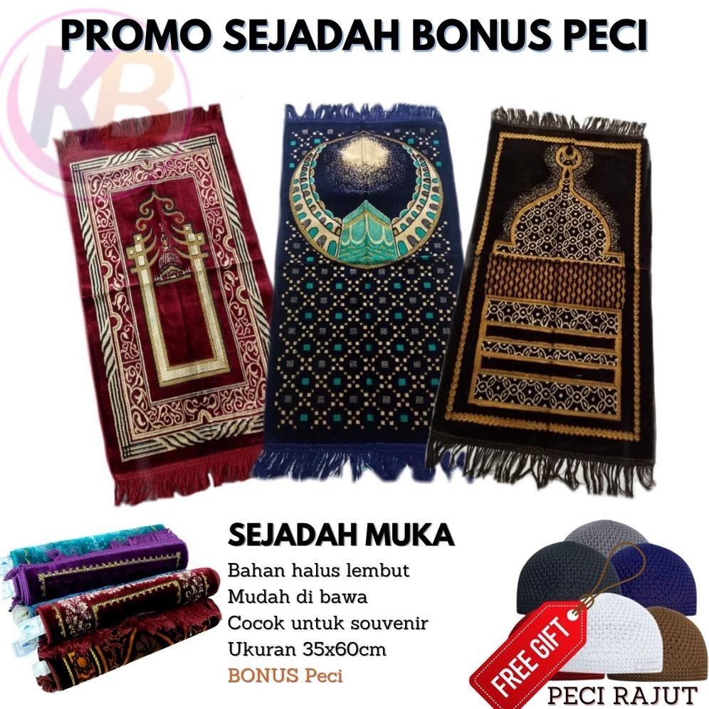 Sejadah Muka Mini ( Bonus Peci ) / Sejadah Kepala / Sajadah Lipat Tipis Ukuran 35X60 Cm / Cocok Untu