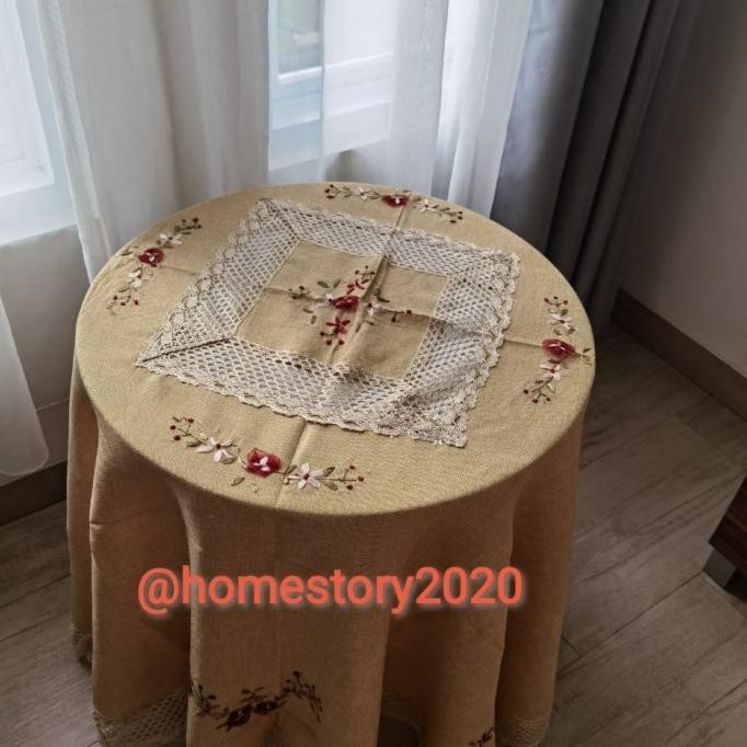 Taplak Meja Makan Kain Katun Sulam Pita Bulat Ukuran 180Cm Dan225Cm
