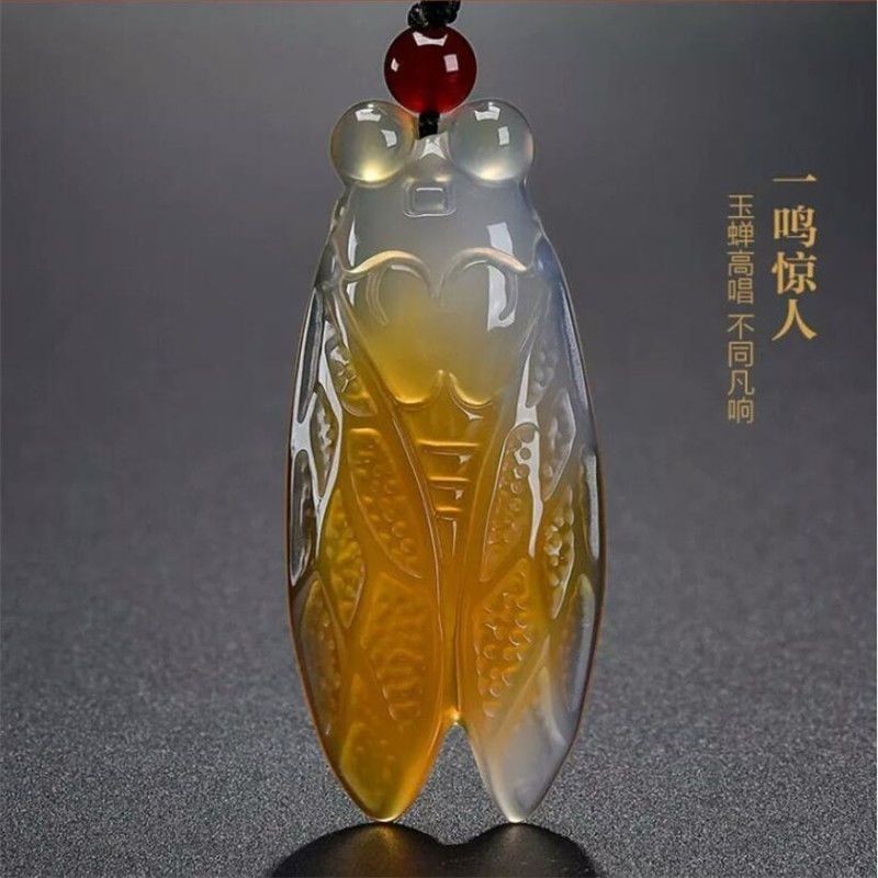 Female Natural Icy Chalcedony Golden Cicada Knows Pendant Agate Jade Cicada Pendant Jade Neck Pendan