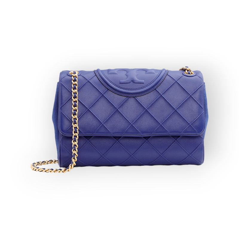 TORY BURCH Fleming Soft Convertible Diamond Pattern Shoulder Bag in Navy Day Leather x Suede