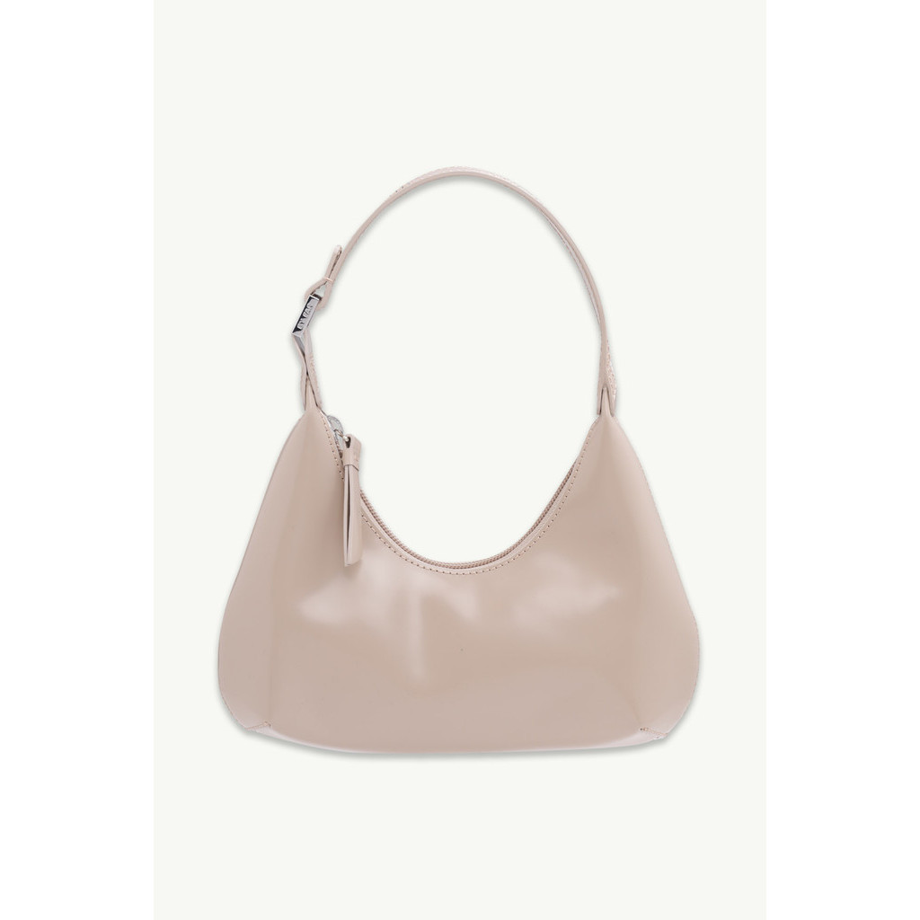 BY FAR Baby Amber Top Zipper Shoulder Bag in Khaki Semi Patent Leather