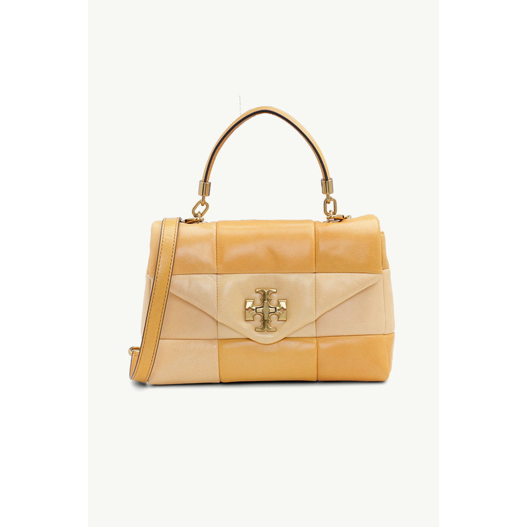 TORY BURCH Small Kira Patchwork Top Handle Satchel Bag in Golden Straw Mix