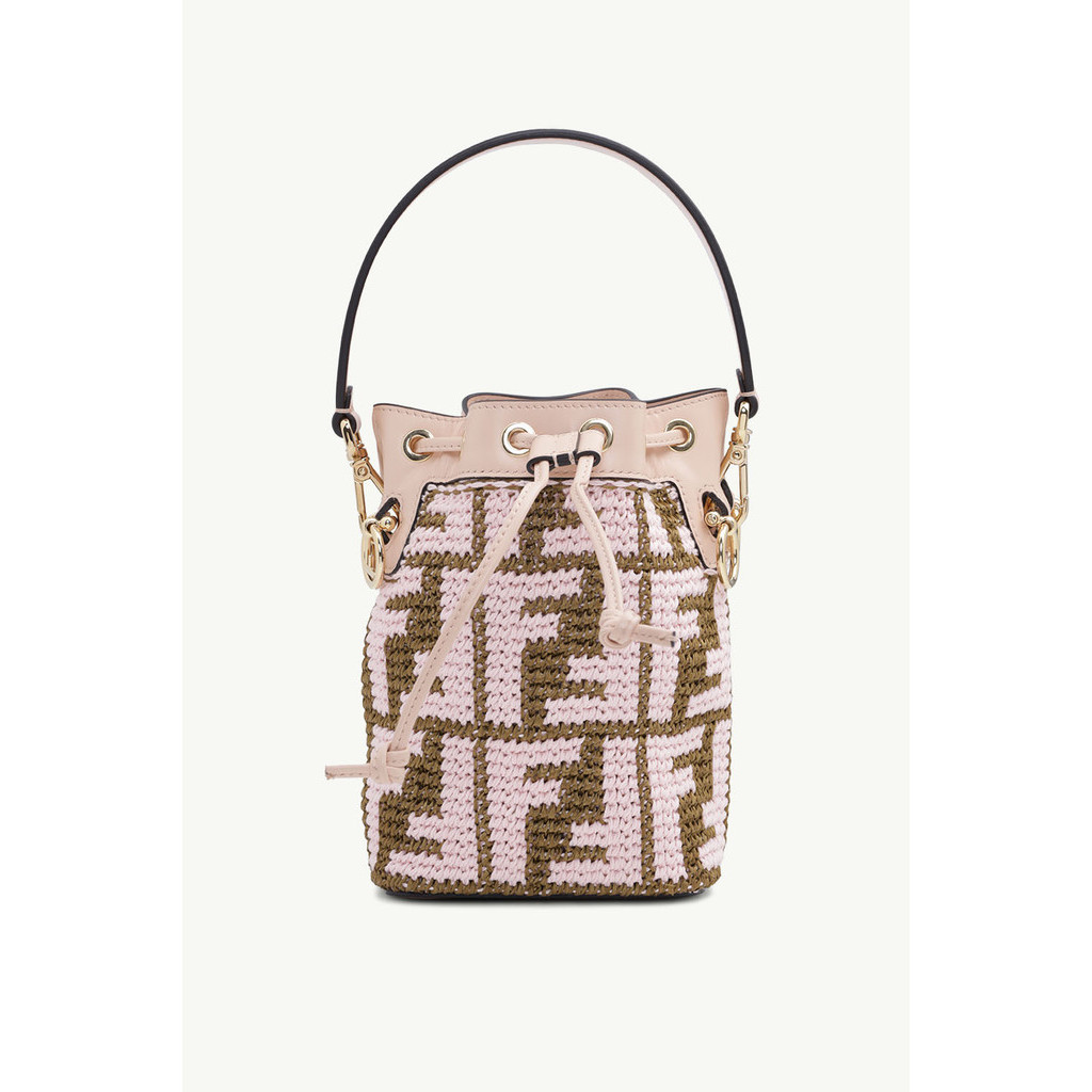 FENDI Mini Mon Tresor in Pink/Brown Raffia All Over FF Logo Pattern
