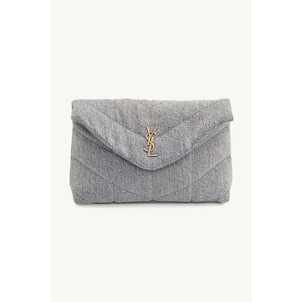 YVES SAINT LAURENT Small Puffer Envelope Pouch in Blue Gray/Light Azure Denim x Smooth Leather with 