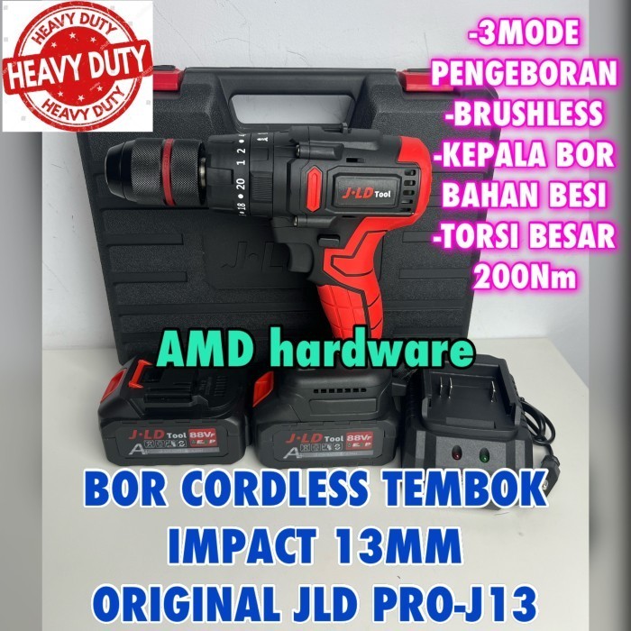 BOR TEMBOK BETON CORDLESS 13 MM JLD PRO J13 BATERAI 88V IMPACT 200NM