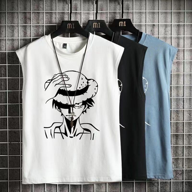 Rompi Olahraga Basket Selempang Pria, Pakaian Luar Longgar Ukuran Besar Tanpa Lengan One Piece Luffy