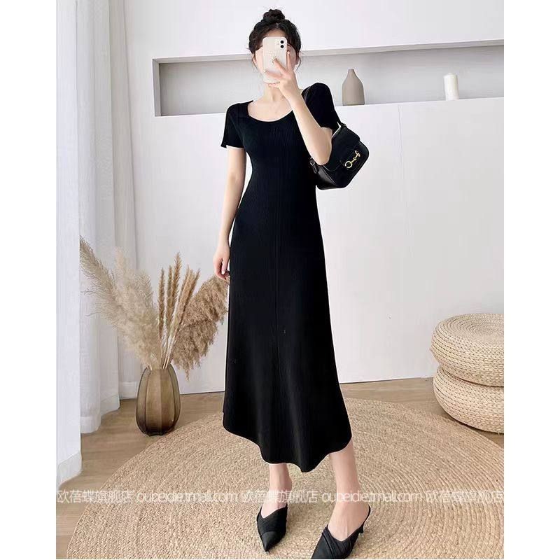 𝙍𝙚𝙖𝙙𝙮‼️Fiora squareneck dress/dress midi selutut rajut halus polos, all size,READY: Black & Broken w