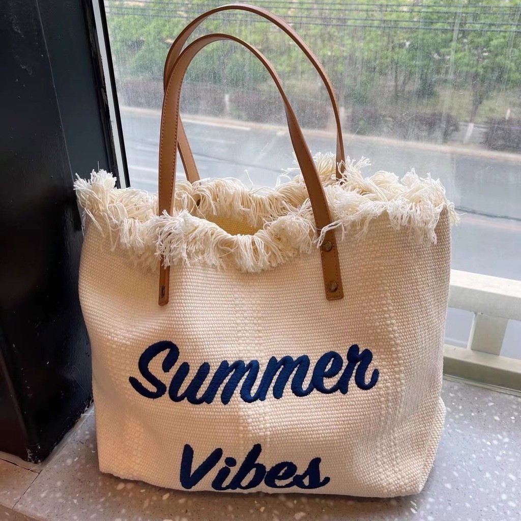 Letter Embroidery Beach Bag Canvas Women's Tassel Woven Tote Bag Large Capacity