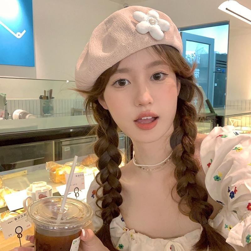 【COD】Topi Baret Bunga Lucu untuk Wanita, Topi Baret Tipis Bersirkulasi Warna Hitam Cantik