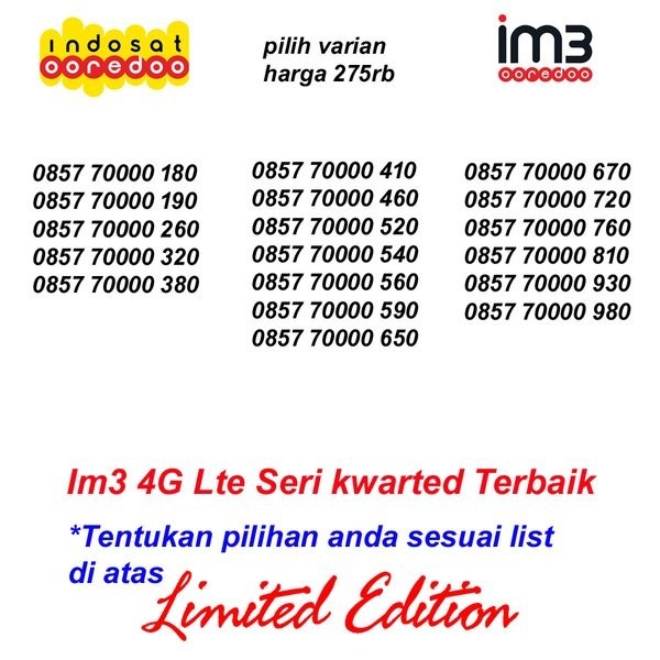 Nomor Cantik Im3 Seri 70000 Kartu Perdana Indosat Ooredoo 4G Lte Super Obral