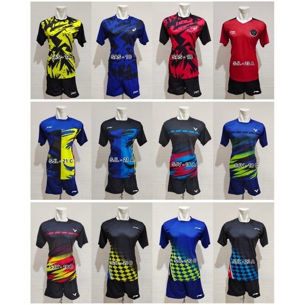 setelan baju kaos badminton lining- baju kaos voli volley- kaos celana Badminton lining serat biru