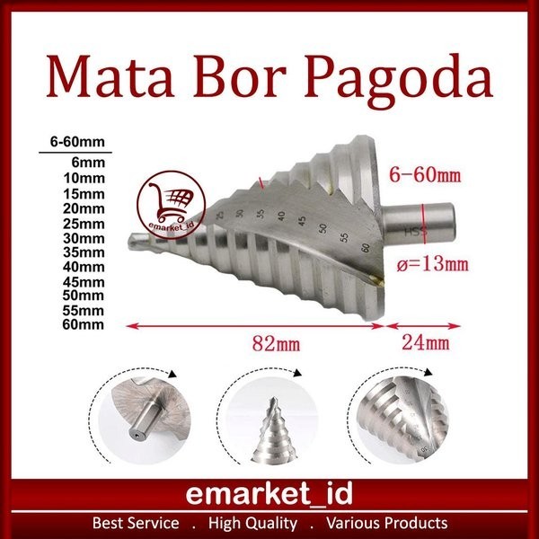 MATA BOR PAGODA 6-60MM - STEP DRIL DRILL SPIRAL - KERUCUT CONE BESI KAYU PLASTIK