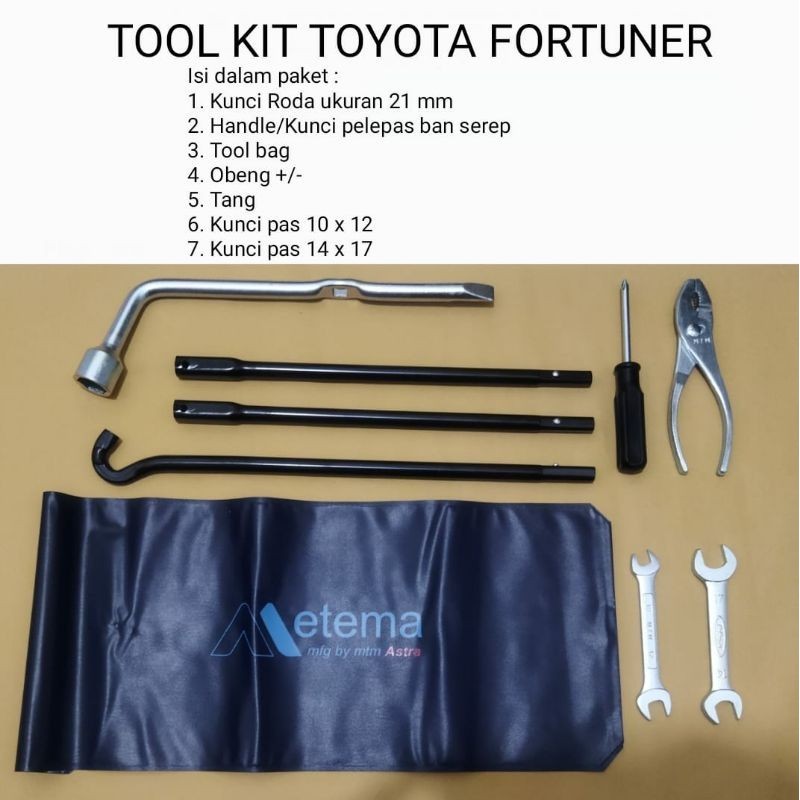 RK Paket Toolkit Mobil Toyota Fortuner ( kunci roda,handle pelepas ban serep,tang,obeng,kunci pas 10