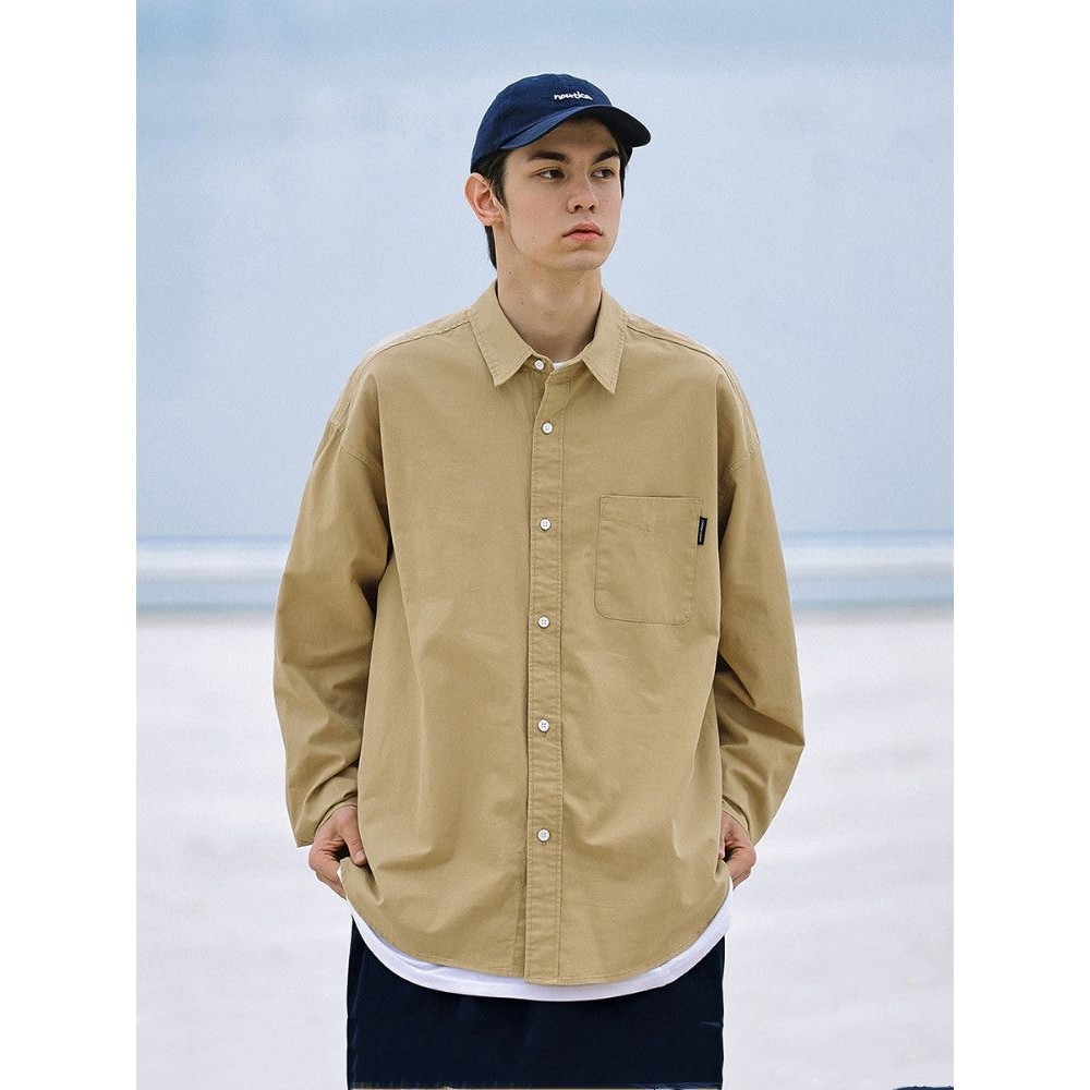 Kemeja Pria Longgar Lengan Panjang, Baju Pria Kasual Retro dengan Saku