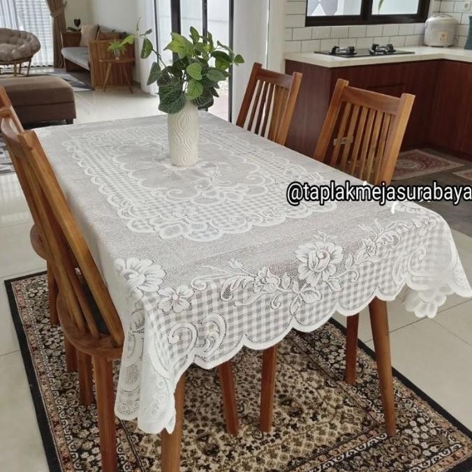 Taplak Meja Makan Warna Putih Klasik Kain Brukat Brokat Vintage Jadul