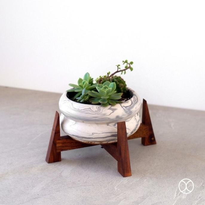 CONCREATE Flower Pot Terra 15 cm / Pot Kaktus / Pot Bunga - Marble,Dengan Stand