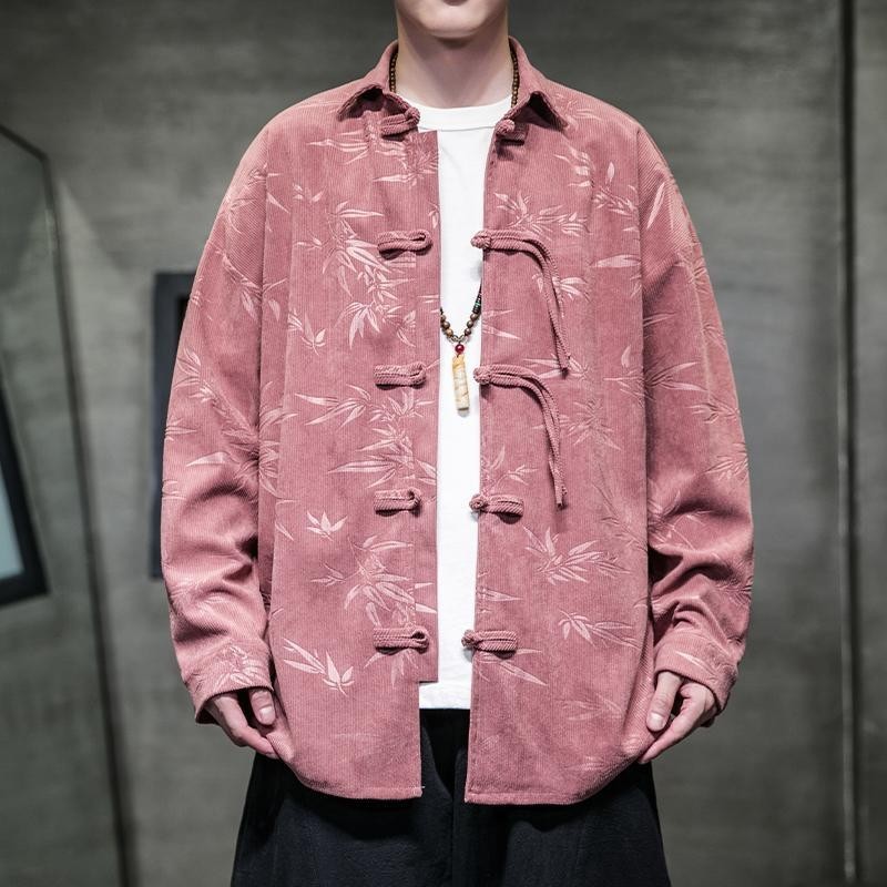 Men's Coat Chinese Style Men's Long-Sleeved Shirt Printed Corduroy Shirt Men