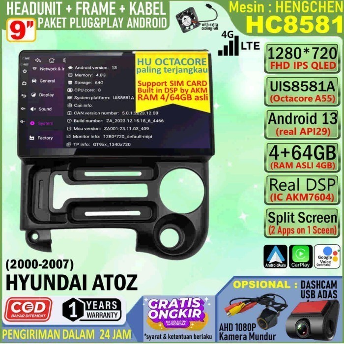 Paket Headunit Android 9 inch + Frame + Soket PNP Hyundai Atoz 2000 Hengchen UIS8581A RAM 4GB-ROM 64