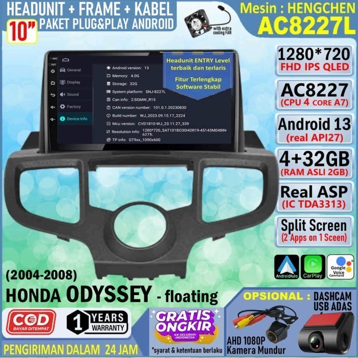 Paket Headunit Android 10 inch + Frame + PNP Canbus Honda Odyssey RB1 v2 Hengchen AC8227 RAM 2GB-ROM