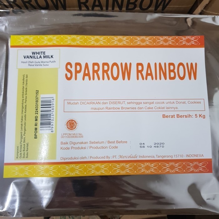 

Cabina Coklat Mercolade Sparrow White / Vanilla Milk 5Kg Rainbow Putih