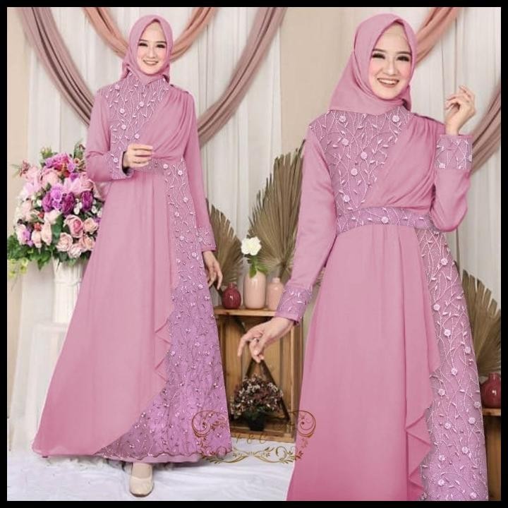 DISKON) Gamis pesta zelo dusty maxi cantik dress brokat tile zel at Silahkan diorder