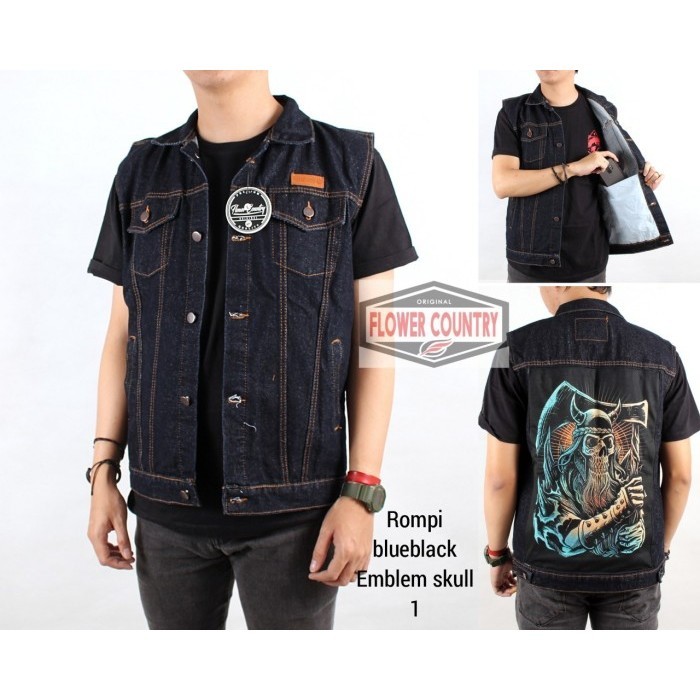 Calaca - Jaket Pria Rompi Vest Jeans Bikers Emblem Skull Premium