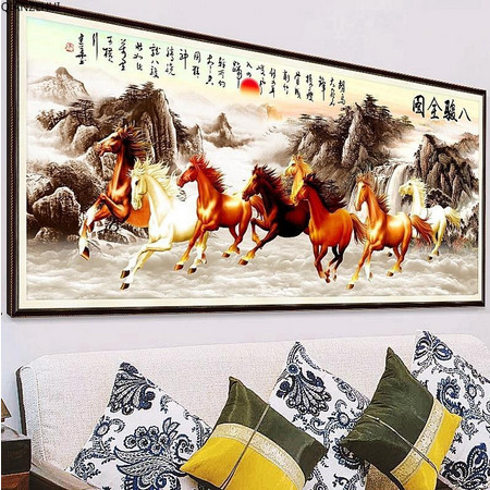 Lukisan Sulaman Berlian 5D Jahitan Bersilang Desain Eight Horse