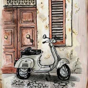 Hiasan Dinding Vintage Lukisan Kayu Vespa Putih Dekorasi Cafe
