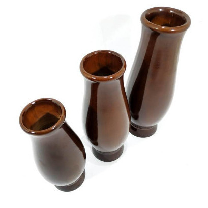 Vas Pot Bunga Polos 1 Set 3 Pcs Dari Kayu Jati Hiasan Kamar Ruang Tamu