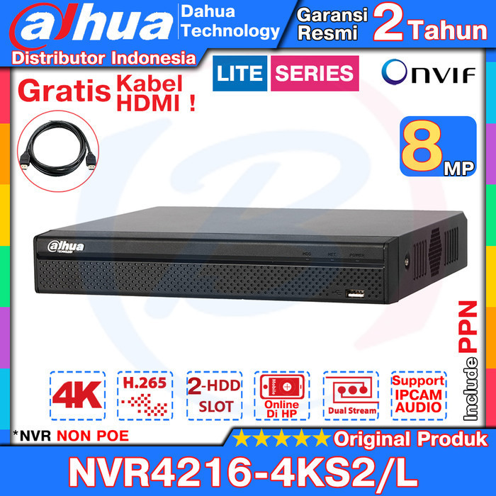 Nvr 16Ch Dahua Nvr4216-4Ks2/L 8Mp 2 Slot Harddisk Onvif Original