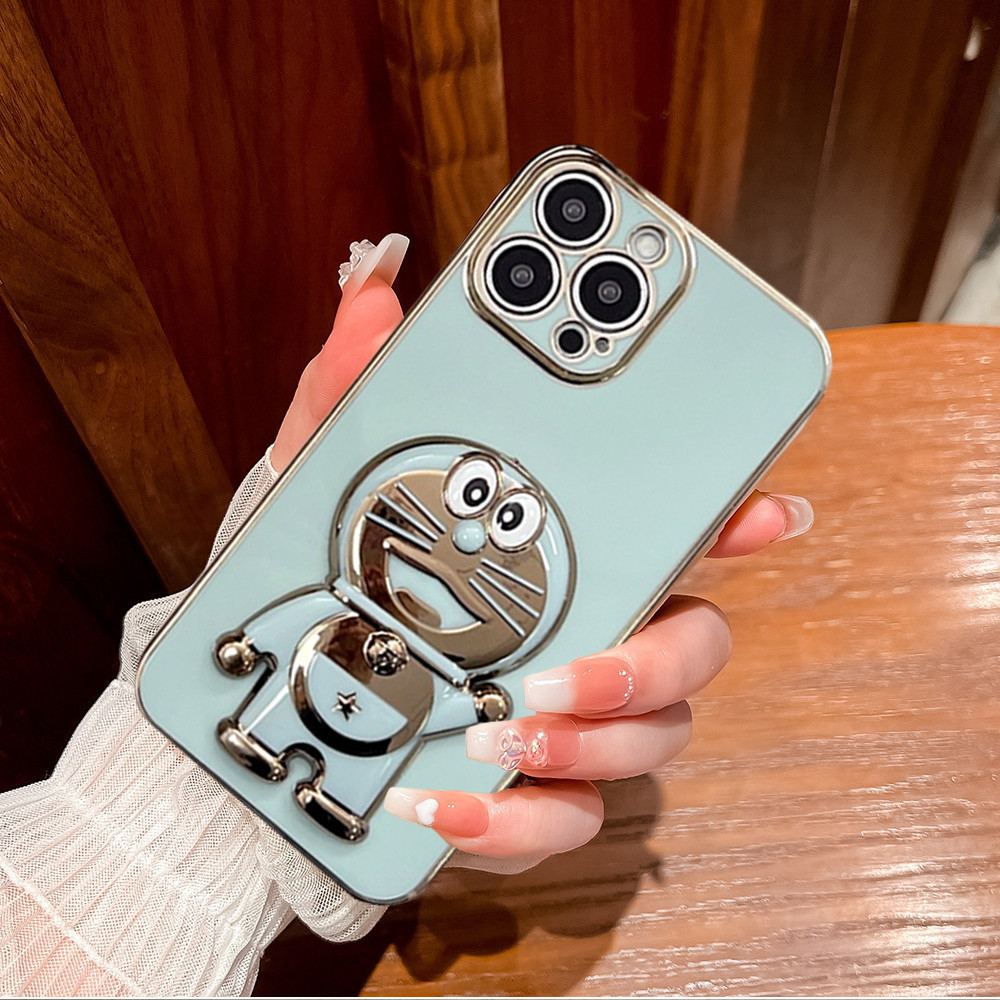 Premium Case OPPO Casing OPPO Electroplated TPU Case Plain with Pop Socket Doraemon for OPPO A15 A16