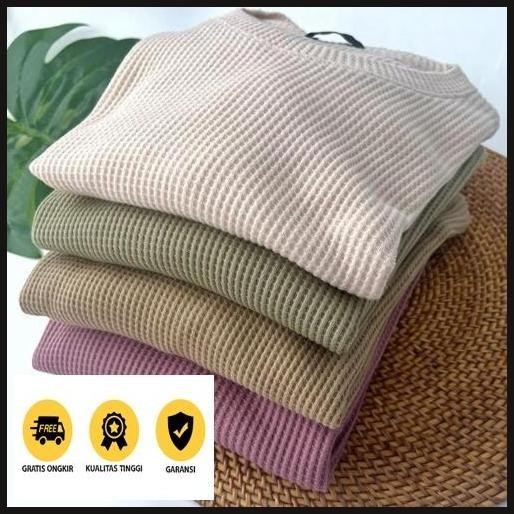 Serba Murah Kaos Waffle Wafer Lengan Panjang Wanita / Basic Crewneck Polos Sweatshirt Waffel Uniqlo 