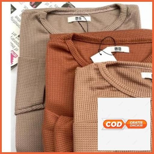 Hot Promo Kaos Waffle Wafer Lengan Panjang Wanita / Basic Crewneck Polos Sweatshirt Waffel Uniqlo / 