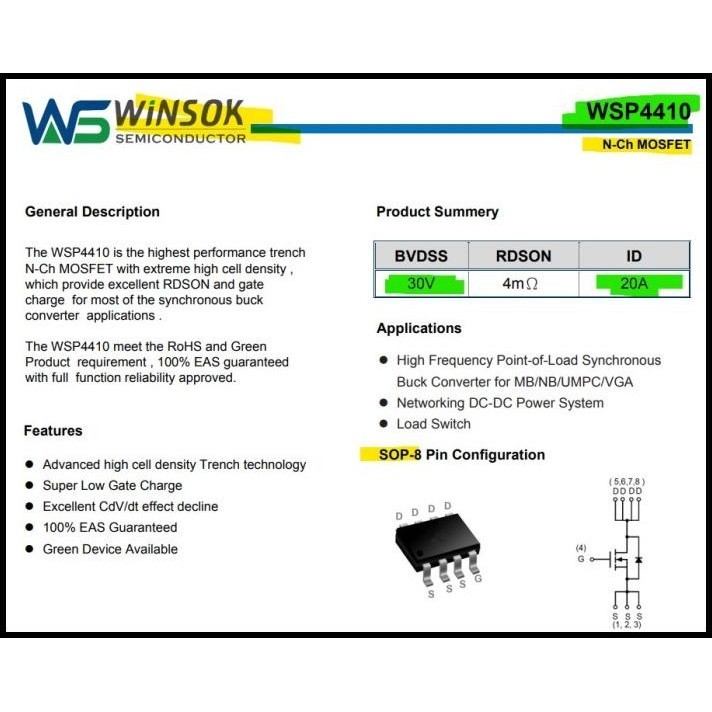 TERBARU WSP4410 30V 20A N-CHANNEL MOSFET 4410 SOP-8 WINSOK SEMICONDUCTOR 