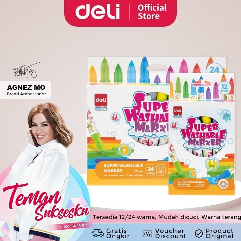 

asd-86 Deli Washable Marker / Spidol Warna Anak 12 24 Warna Mudah dicuci Tersertifikasi Aman EC155 Berkualitas