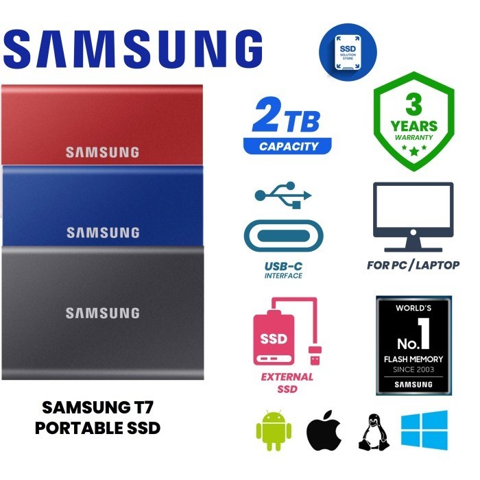 SAMSUNG PORTABLE SSD T7 2TB / EXTERNAL SSD 2TB / 3 YEARS WARRANTY ORIGINAL BEST QUALITY