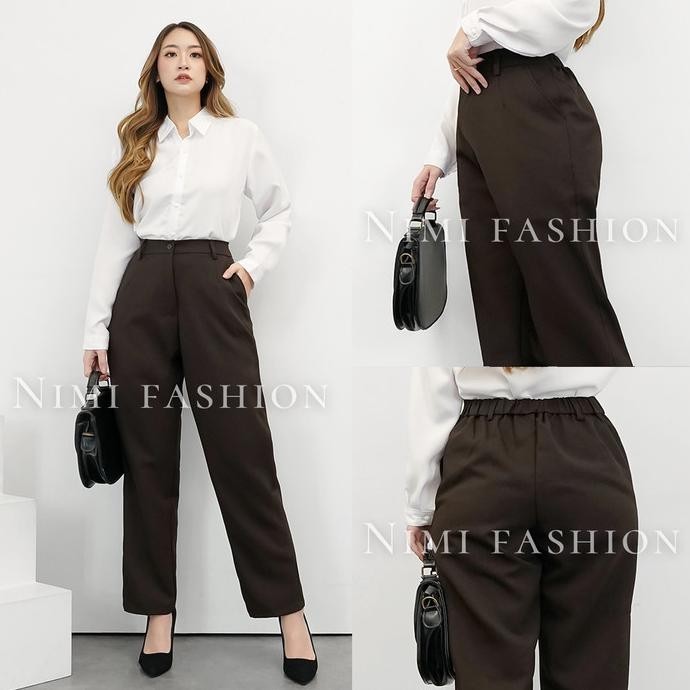 NIMI - Celana Bahan Kerja Wanita Kantoran Pinggang Karet Sisi Belakang