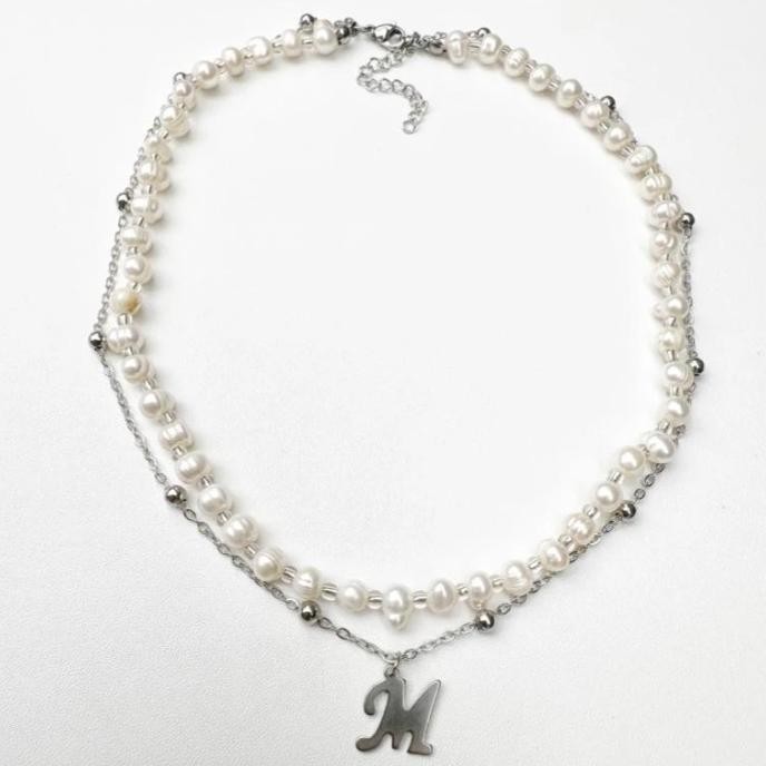 2 Layers Necklace - Pearl & Initial / Kalung Mutiara / Kalung Inisial