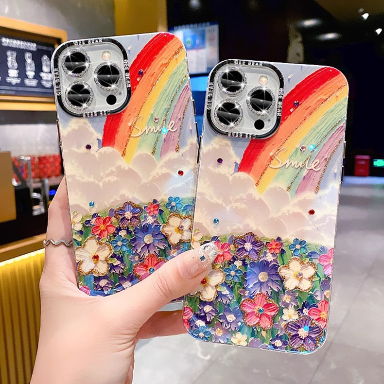 Luxury Diamond Rainbow Flower Case for iPhone 13 12 11 14 15 Pro Max Shiny Bling Mewah Bunga Soft Ca