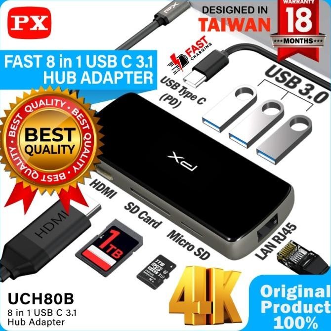 USB Type C Hub Converter to HDMI USB LAN Micro SD 8 in 1 PX UCH80B