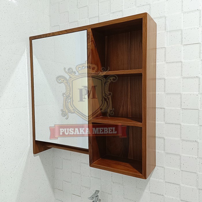 cermin dinding wastafel kamar mandi, cermin rak dinding kayu wastafel