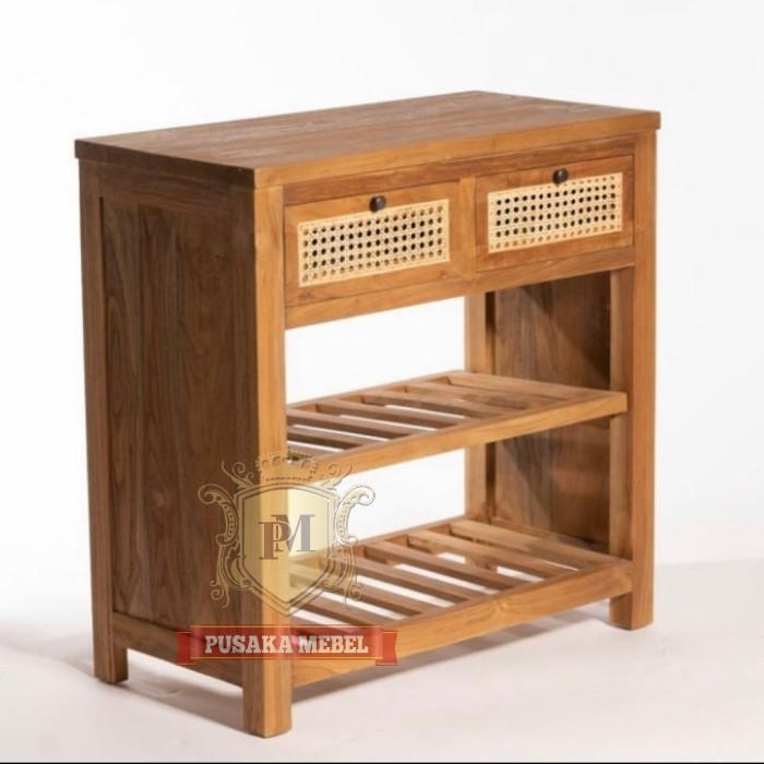 meja rak laci minimalis kayu jati, meja nakas kayu laci rotan alami