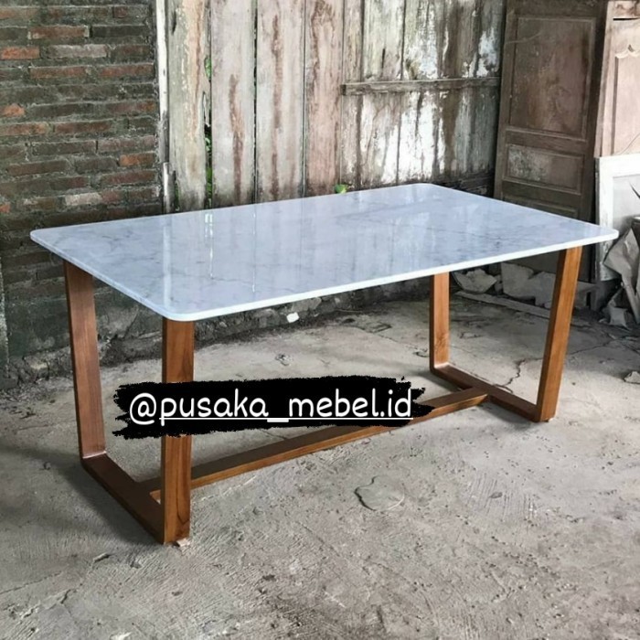 Meja Makan Top Marmer Putih Rangka Kayu Jati, Meja Makan Marmer Import