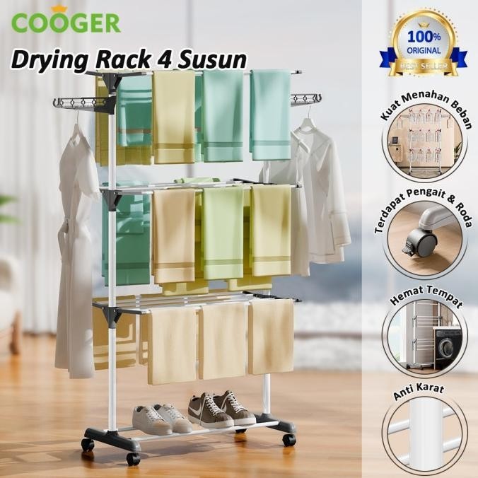 COOGER Rak Jemuran Baju Stainless Steel Rak Jemuran Handuk 4 Susun